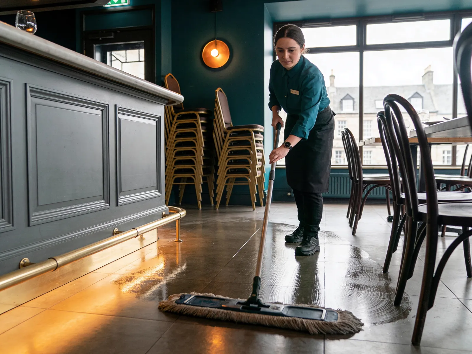 A restaurant floor cleaned and polished before service