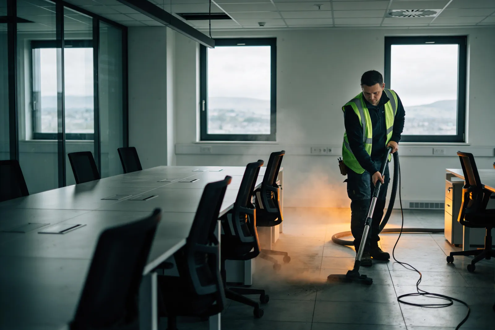 A builders clean of a new office fit-out, vacuuming fine dust