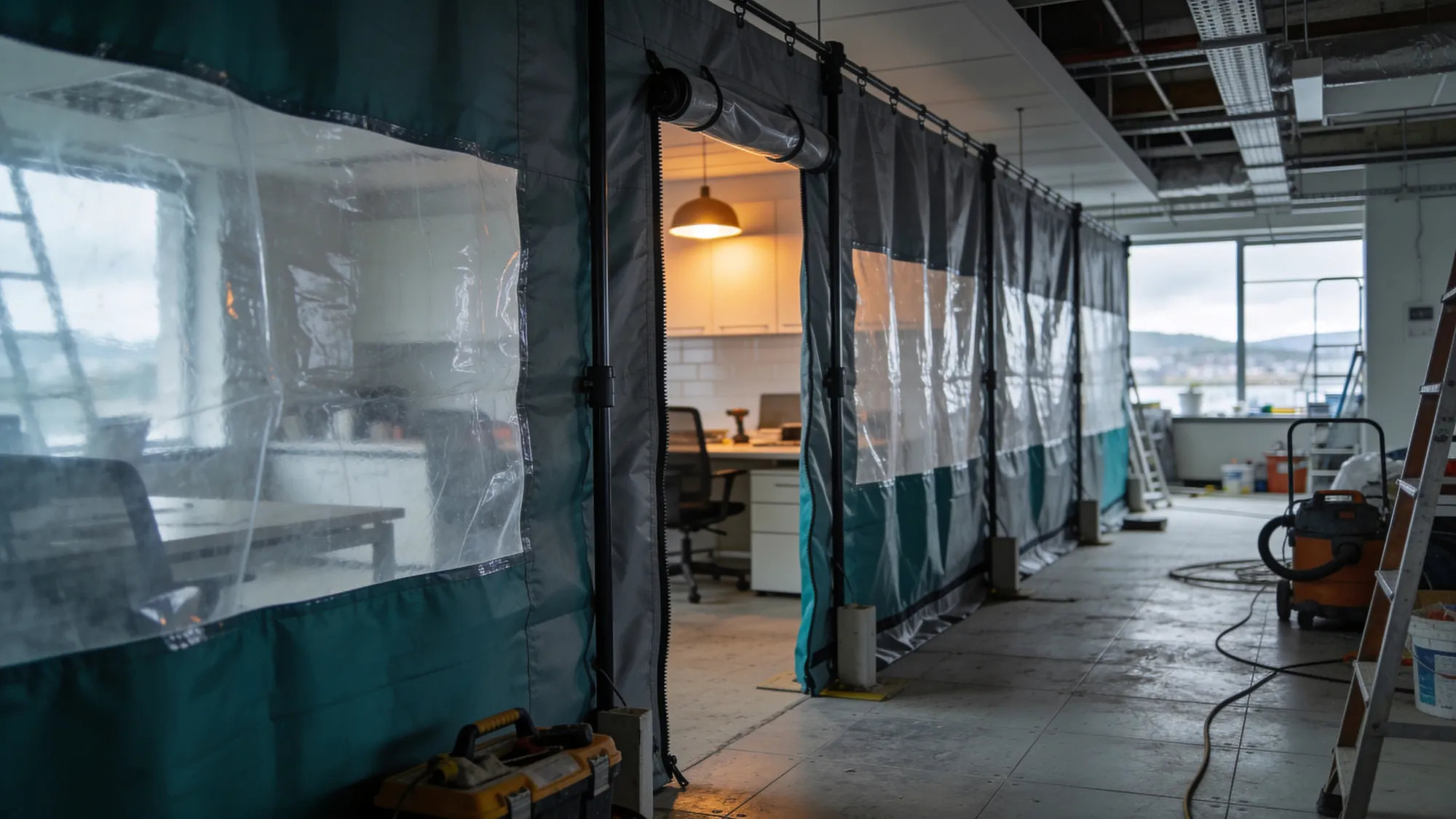 A commercial fit-out with dust screening separating clean and work zones