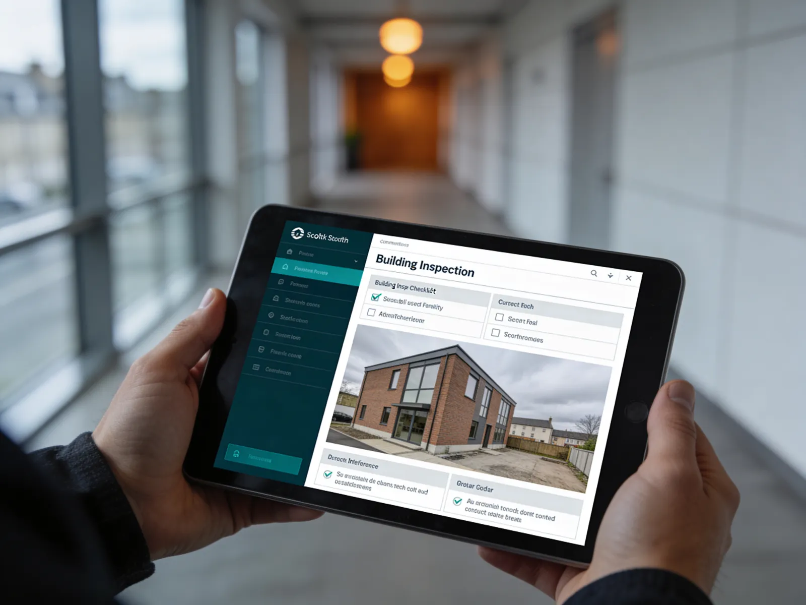 A building inspection checklist on a tablet in a bright commercial corridor