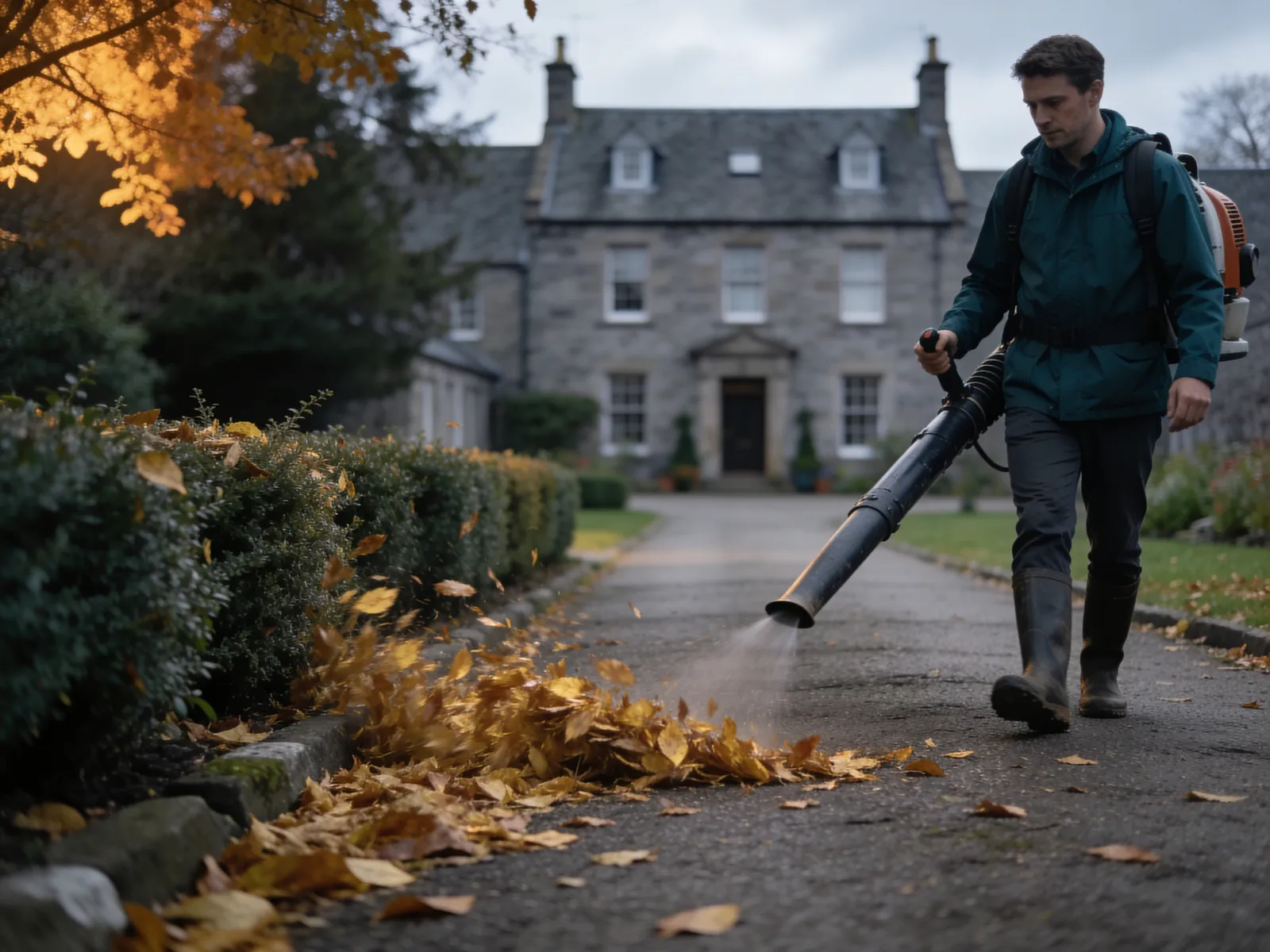 Autumn leaf clearance on a tidy estate path