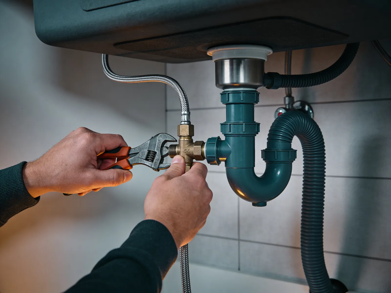 Hands fixing a plumbing fitting during a reactive call-out