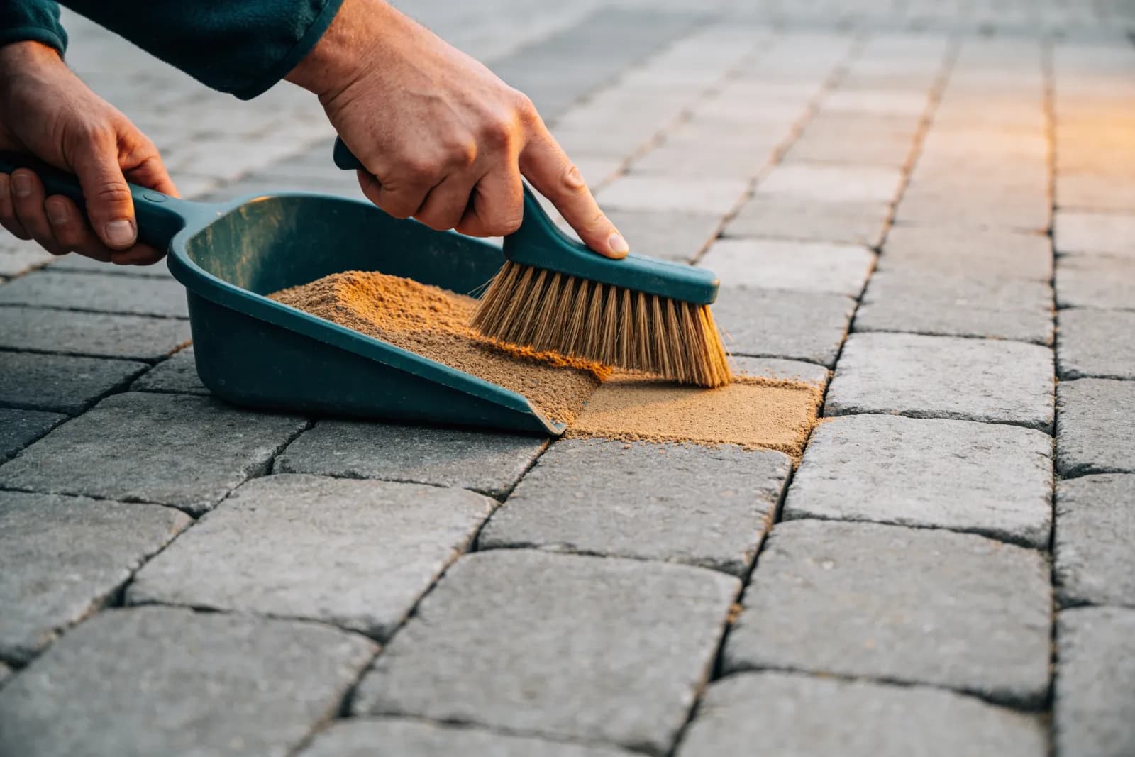Brushing kiln-dried jointing sand into restored block paving