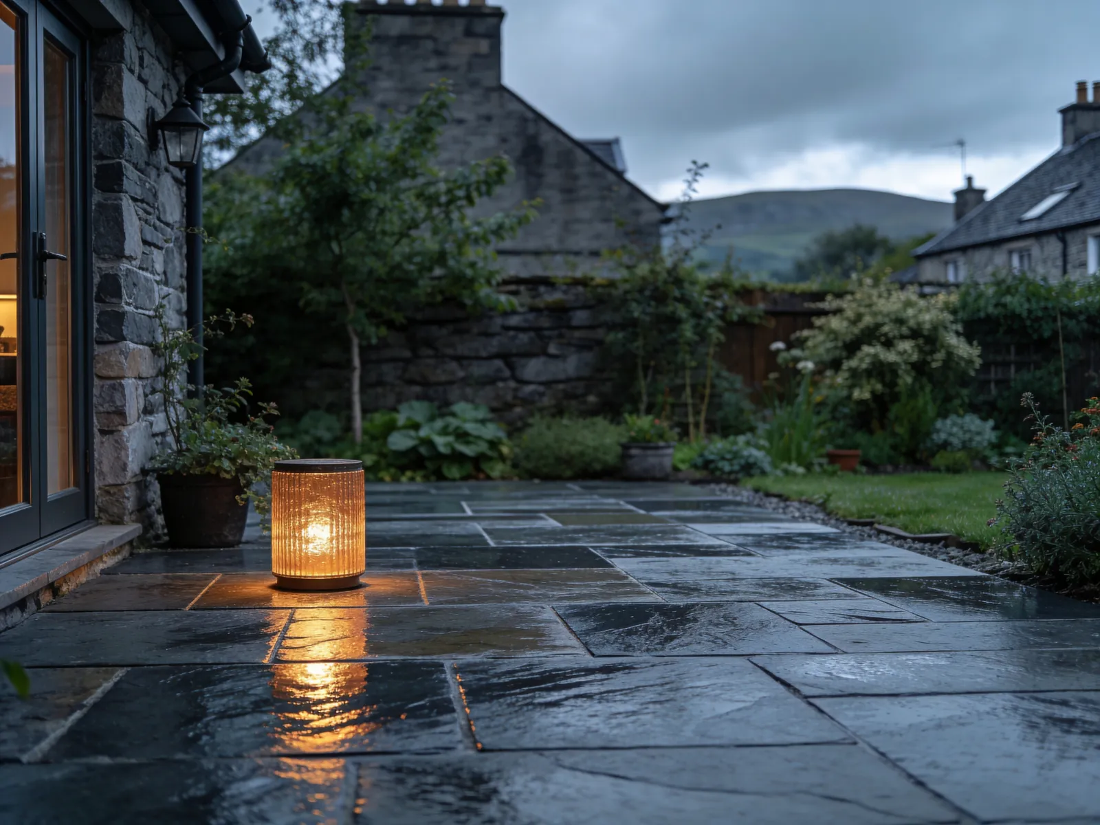 A freshly sealed stone patio glistening after restoration